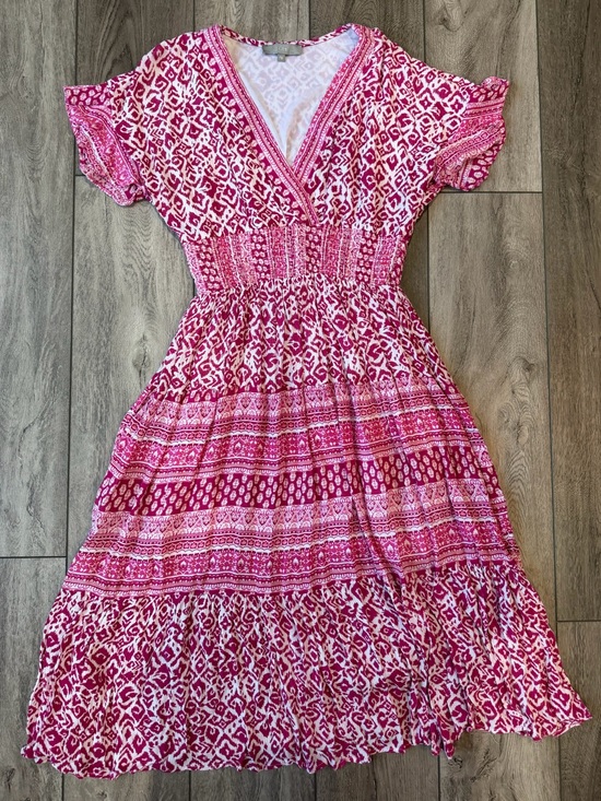 J Gee Dresses & Skirts - J. Gee- Pink Floral Patterned Bohemian V-Neck Smocked Waist Midi Dress (SP)